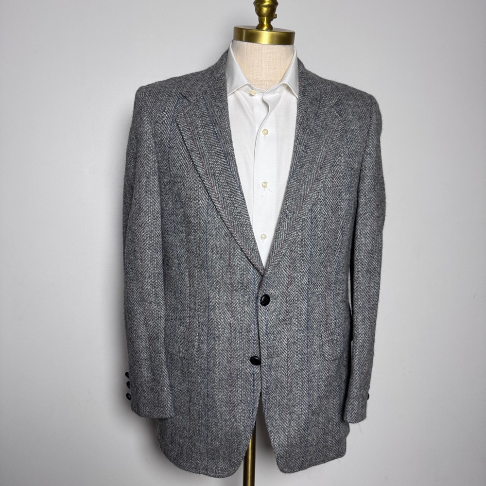 Kingsridge Blazer Mens 38R Grey Herringbone Striped Vintage Wool Sport Coat